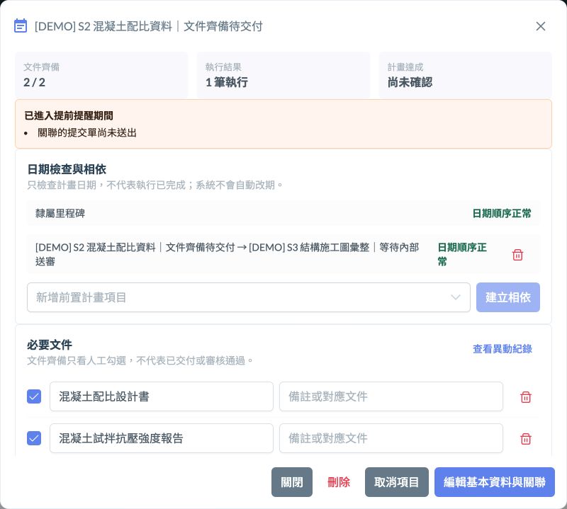 示範：必要文件 2/2、關聯一筆草稿，計畫達成尚未確認